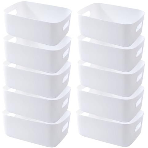 EURXLQ 10 stück Weiß Aufbewahrungsbox Kunststoff Aufbewahrungskorb mit Griffen 20×14.7×7cm,Badezimmer Organizer Küchenschrank Organizer Box Körbe Aufbewahrung Kunststoffbox für Regal