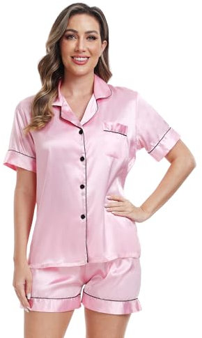 Teemie Ensemble de Pyjama Femme en Satin à Manches Courtes Été Confortable Vêtements de Nuit Chic Élégant 2 Pièces Rose Clair XL