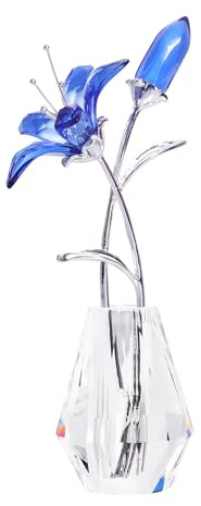 Figurine de lys artificielle en cristal avec vase, vase en cristal pour fleur, attrape-soleil, décoration d'intérieur, convient pour la décoration de la chambre à coucher et du salon (bleu, avec