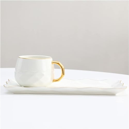 FülleMore Europäische Kaffeetasse mit Kuchenteller und Löffel,220ml Porzellan Espressotasse mit 25x11cm groß Untertasse Goldrand Cappuccino Tasse mit Dessertteller Kaffeeservice Set (Weiß)