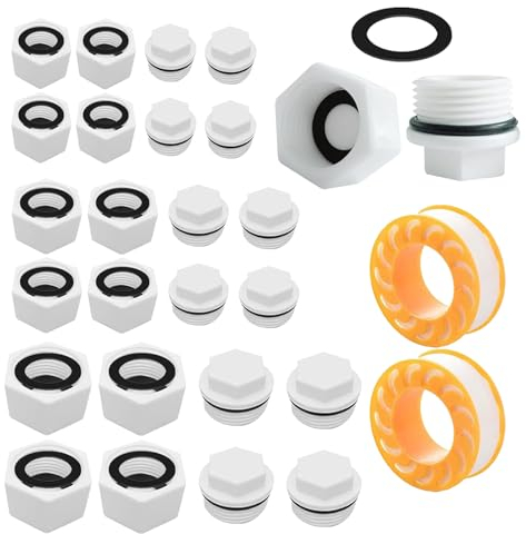 TREABEAR 24Pcs Blindstopfen Wasserleitung mit Dichtung, Blindstopfen 1/2/ 3/4 1 Zoll Außengewinde und Innengewinde, Blindstopfen Spüle, Kunststoff Gewindestopfen für Waschmaschine Geschirrspüler Wasse