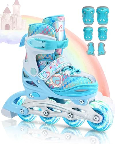 Inliner für Kinder 30-41 Verstellbar, Sportneer Inline Skates Mit 6er Protektoren Setfür Kinder Mädchen Damen, 8 LED inliner Kinder Regenbogenserie
