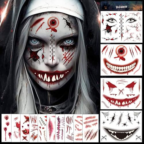 Halloween Tattoo Gesicht, Narben Tattoo Halloween, Horror Kostüm Damen Herren Halloween Accessoires, Mund Tattoo Halloween Schminke Vampir Tattoo Gesicht, Halloween Make Up für Halloween Party