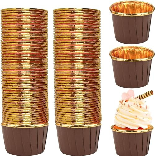100pcs Cup Cake Cases for Baking, Gold Cupcake Cases Cupcakes Cake Muffin Liners Foil Metallic Cake Cup Greaseproof Baking Cup Muffin Case Mini Cup Cake Cases for Christmas, Birthday (Gold and Brown)