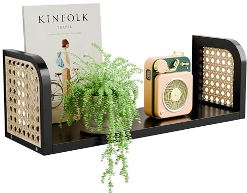 Schwarzes Rattan-Wandregal, hängende Bücherregale für die Wand, dekorative Regale für natürliche Kinderzimmer-Dekoration, Bilder-Ledge-Regale, Wandpost-Organizer, schwebendes Rattan-Regal für Büro,