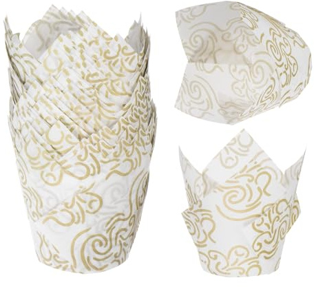 QUARKZMAN 50 Stück Tulpen Backförmchen Cupcake Muffin-Förmchen aus fettdichtem Papier für Hochzeit Geburtstagsfeiern Festivals Weihnachten, Weiß/Gold