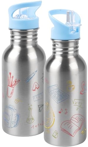 United Labels Edelstahl Trinkflasche mit Strohhalm 500 ml, Back to school, auslaufsichere Flasche, Wasserflasche für Schule und Freizeit