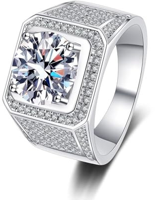 Verlobungsring Mann Weißgold, Ehering Mann 18K Gold Labor Geschaffener Diamant 2ct Rund Geometrisch Silber Herren Schmuck Größe 52 (16.6)