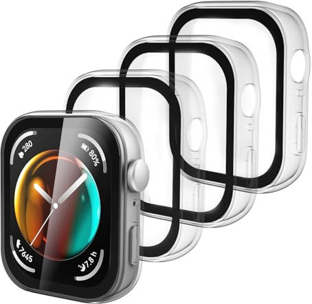 ELUTENG 4 Piezas Funda Compatible con Huawei Watch Fit 3 Anti-Choque PC Duro Estuche Protector con Cristal Templado 9H Protector de Pantalla HD Ligero Anti-Arañazos Protección Carcasa, Transparente