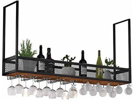 GUHPZA Portabottiglie sospeso con portabicchieri e ripiano, portabicchieri da soffitto in Legno massello, portabottiglie e portabicchieri da Parete Industriale a Strato Singolo