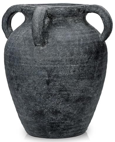 Hohe 30cm Keramikvase Handgemachte Vintage Terrakotta-Vase Tischvase mit Griffen aus Keramik für Deko Wohnzimmer Home Office, Vase für Pampasgras, Rustikales Antikes Dekor, Schwarz