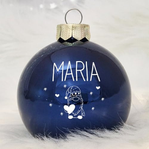 Personalisierte Weihnachtskugel aus Echtglas, 8 cm mit Deinem Namen & Wunschmotiv (06_Blau, Wichtel)