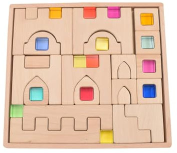 Lux Fantasie Burg Bausteine Set, 22 Holz- und 15 Acrylbausteine, mit Holzbox, Buchenholz