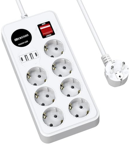 HITRENDS Steckdosenleiste mit USB C & USB A, Steckdosenleiste mit Schalter und Touch-Licht, 1,8m Kabel, Schreibtisch Steckdosenleiste 7-Fach für Büro & Zuhause, Weiß (250V/2500W)