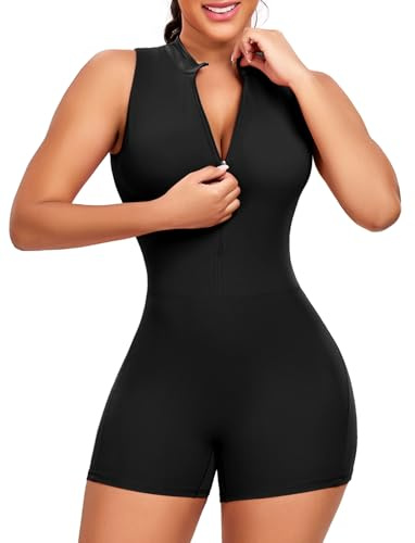 STARBILD Damen Sport Jumpsuit Kurz, Ärmelloser Yoga Overall mit Scrunch Butt & Po-Lifting Effekt, Rückenfreier Bodycon Einteiler mit Reißverschluss & herausnehmbaren Polstern, Schwarz – Zeitlos S