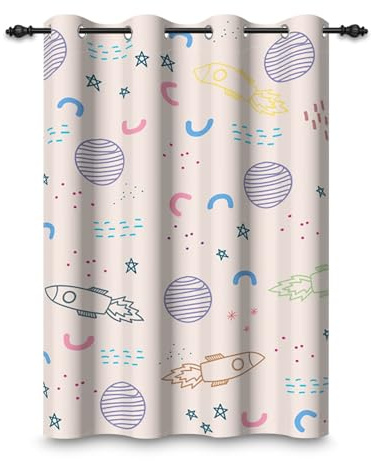 ggaimwf 117x175cm Ösenvorhang mit Cartoon-Motiv für Kinderzimmer Rosa Weltraum Rakete Planet Universum Stern Ösen Verdunkelungsvorhänge Fenstervorhänge für Jungenzimmer Spielzimmer,1-Einzelpaneel