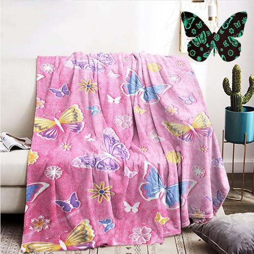 Kuscheldecke Leuchtet im Dunkeln 130x150cm, Flanell Fleece Bunter Schmetterlingsdruck Decke, Weiche und Warme Sofa Decke, Urlaub für Jungen Mädchen (G, 130x150cm)