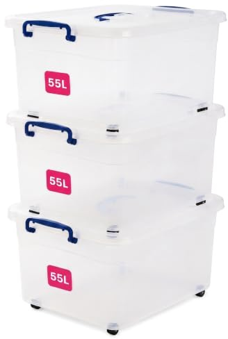 STL 3 x 55L Storage Boxes with Lids And 4 Wheels, Clip-Lock Lid, Stackable Clear Plastic Storage Containers With Lid For Home, Kitchen, Moving, Garage & Office (Set Of 3)