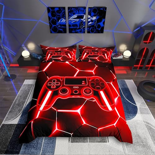 Homemissing Gaming Bettwäsche Set 135x200cm für Mädchen Jungen Kinder Neonrot Gamer Bettbezug Zimmer Dekor Spielekonsole Controller Bettwäsche-Set Honeycomb