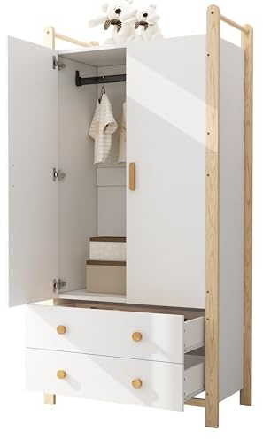 KecDuey 2-türiger Kleiderschrank,90×45×180 cm Kleiderschrank mit Kleiderstange, 2 Schubladen, für Schlafzimmer, Wohnzimmer, Flurgarderobe geeignet, aus Spanplatte, weißer Körper + Kieferrahmen (Weiß)