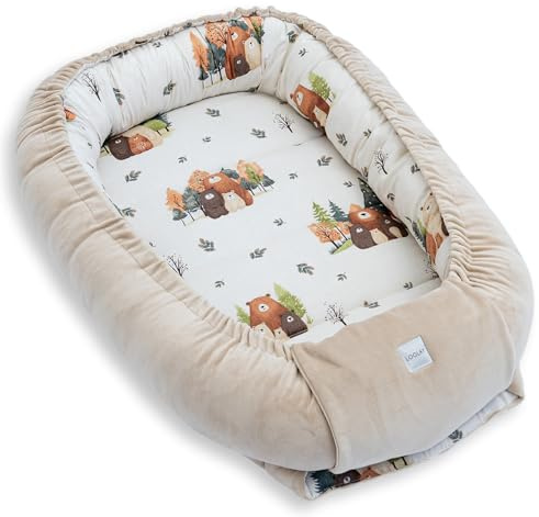 LOOLAY Babynest, Nestchen für Neugeborene – Baby Nestchen 91 × 63 cm, Tragbares Nest aus Samtvelours & Baumwolle (BEIGE Velour/Bärchen)