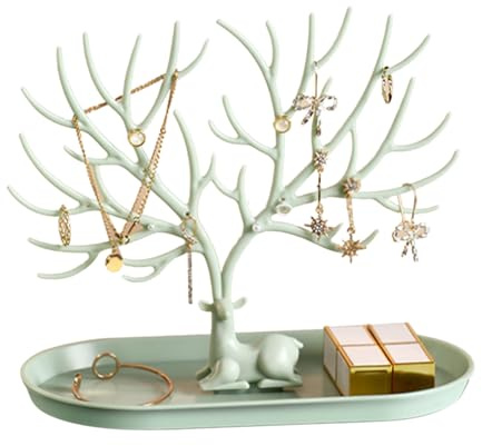 Wangcmcol Présentoir de bijoux en bois d'arbre, tour d'arbre de rangement, organisateur suspendu avec cerf pour bagues, colliers, boucles d'oreilles (Verte)