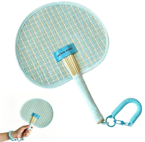 KASESSS Hand Fan, Hand-Knitted Palm-Leaf Fan, Chinese Fans with a Lanyard, Portable Hand Fans Bamboo for Hot Flashes, Summer Cooling, Dancing Wedding Church Performance, Gifts, Fashion Light Blue
