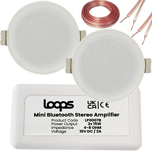 Bluetooth Ceiling Music Kit - Mini Amplifier & 2x Low Profile Ceiling Speakers - Stereo HiFi Wireless Background Sound System – Café, Restaurant, Home Cinema, Pub, Shop