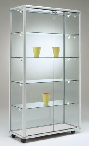 MHN Glasvitrine mit Rollen T 42,5 x B 99 x H 184,5 cm - breite Glas Standvitrine abschließbar - große Ausstellungs-Vitrine ohne Beleuchtung - mit Spiegel-Rückwand