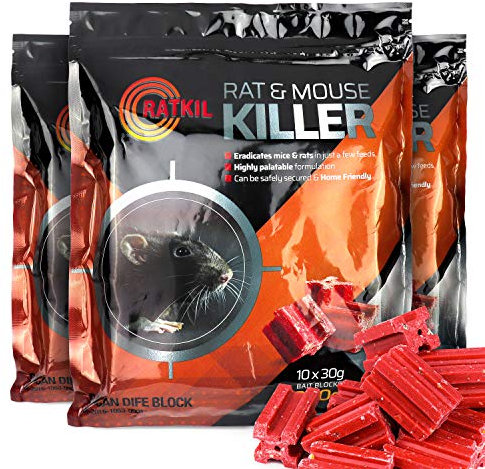 RatKil Rat & Mouse Killer Poison Bait Blocks For Rodent Control - 900g (3 x 300g) | Professional Strength Difenacoum