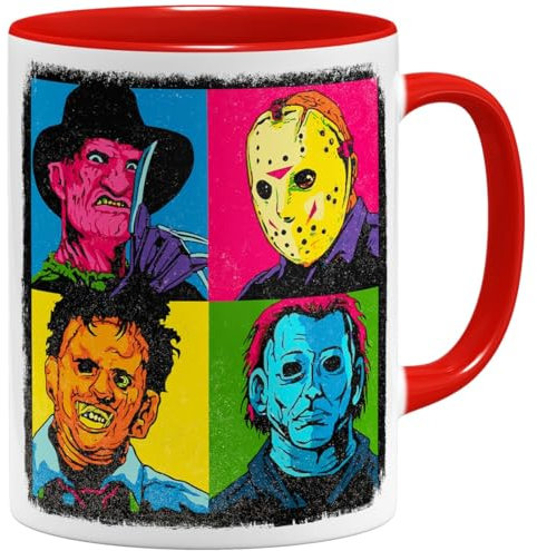 OM3® coole Kaffee-Tasse mit Pop-Art-Horror - Halloween Nightmare Serial Killers | Keramik Becher | 325ml | Beidseitig Bedruckt | Rot