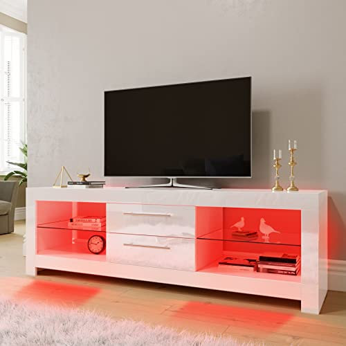 ELEGANT TV Unit with LED Ambient Lights High Gloss TV Units for Living Room Modern TV Stand with Open Shelf Storage Cabinet for 32 40 43 50 52 55 60 62 inch 4k TV (White, 1600x400x500mm)