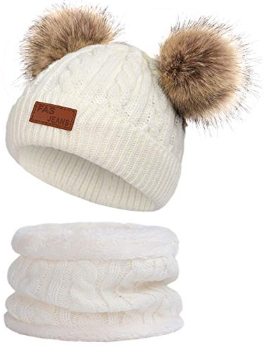 Yixda Baby Mütze Schal Set Mädchen Jungen Warm Fellbommel Beanie Hüte (B4-Weiß)