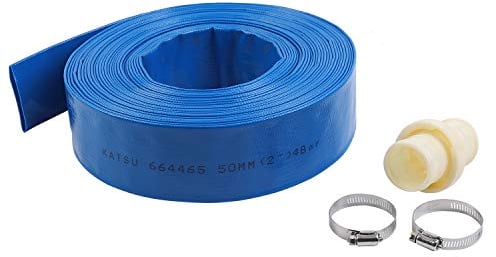 KATSU Layflat Discharge Hose Pipe 20m x 50mm 2-Inch Diameter with 2 Clips and Quick Coupler Connector, Fits Submersible & other Water Pumps for Draining Pond, Garden Irrigation, Hot Tub, Swimming Pool
