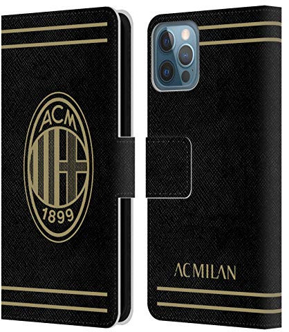 Head Case Designs Offizielle AC Milan Schwarz Und Gold Wappen Leder Brieftaschen Handyhülle Hülle Huelle kompatibel mit Apple iPhone 12 / iPhone 12 Pro