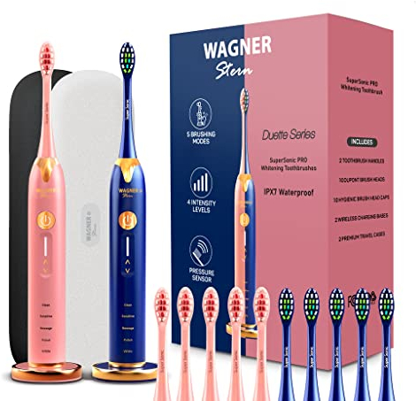 Wagner Stern. Duette Series 2 Elektrische Zahnbürsten mit Drucksensor 5 Putzmodi und 4 Intensitätsstufen 10 Dupont-Borsten 2 Premium Reiseetuis (Rosa/Blau)