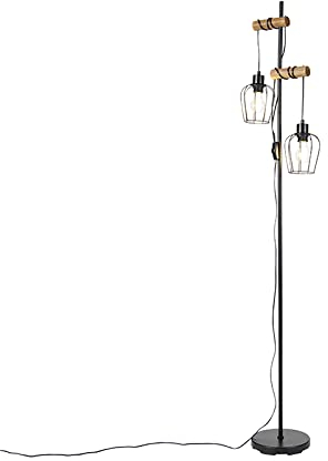 Qazqa - Landhaus I Vintage Ländliche Stehlampe schwarz mit Holz 2-flammig - Stronk I Wohnzimmer I Schlafzimmer - Stahl Länglich - LED geeignet E27