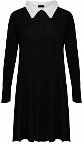 STAR FASHION New Women's Ladies Long Sleeve Peter Pan Collar Flared Festive Halloween Swing Dress Top A-Line Plus Size Jersey UK 8 to 26 Black 8-10