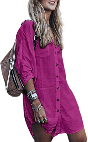 Bsubseach Robe de Plage Chemise Tunique À Manches Femme Chemisiers Chic Elegant Cache-Maillots Blouse Rose