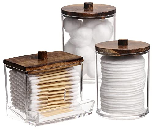 Tbestmax 3 Pack Qtips Holder Bathroom Container, 10 oz Cotton Ball/Swabs Dispenser, Apothecary Jar Organizer for Storage Brown Wood Lids