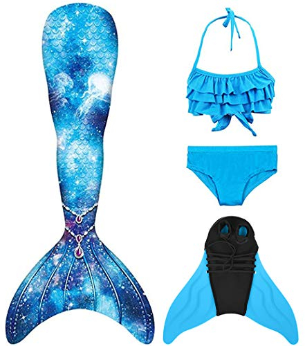 DNFUN meerjungfrauenflosse mädchen Badeanzug - Meerjungfrauenschwanz Schwimmen für Kinder Meerjungfrau Flosse Bademode mit Bikini Set und Monoflosse Mermaid Tail