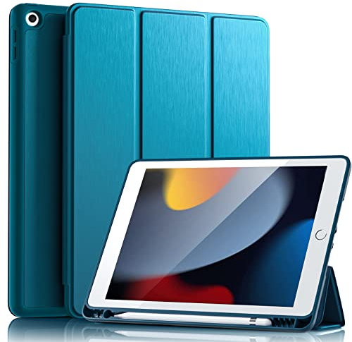 Vobafe Hülle Kompatibel mit iPad 9 8 7 Generation(10.2 Zoll, Model 2021/2020/2019,9./8./7.), Weiche TPU Rückseite Abdeckung Klappständer Schutzhülle mit Stifthalter, Auto Schlafen/Wachen, Pfauenblau