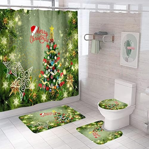 Duschvorhang-Set mit Weihnachtsbaum, Motiv: Weihnachtsbaum, Dekoration, mit rutschfesten Teppichen, U-förmige Matte, WC-Deckelbezug, wasserdicht, niedliche Badezimmer-Vorhänge, Duschset mit 12 Haken,