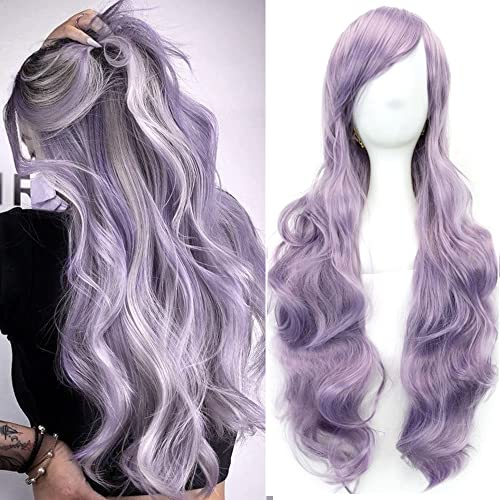 Colorful panda 32 Zoll 80 cm Lavendel Purpur lange gelockte gewellte Cosplay-Perücken für Frauen und Mädchen, natürliche synthetische Perücke für Party, Halloween, Kostüm