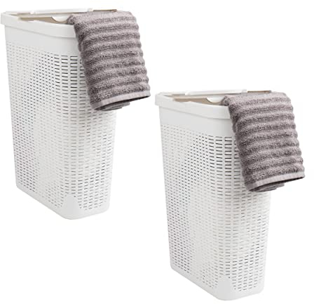 Mind Reader Schmaler Wäschekorb, 40 l, Wäschekorb, Deckel, Weiden-Design, Kunststoff, 45,7 cm L x 26,7 cm B x 59,9 cm H, 2 Stück, Weiß