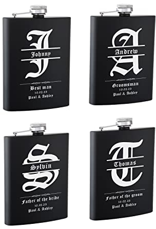 Juego de 4 regalos personalizados para padrinos de boda, petaca grabada de 8 onzas para padrinos de boda y padrinos de boda personalizados (negro)