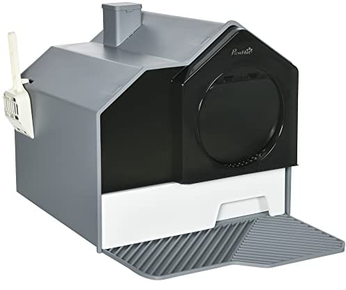 PawHut Bac à litière pour Chat avec Pelle - Bac à litière pour Chat avec tiroir - Poignée - Déodorants - Design cabane - Entrée Avant - 47 x 45 x 42 cm - Gris