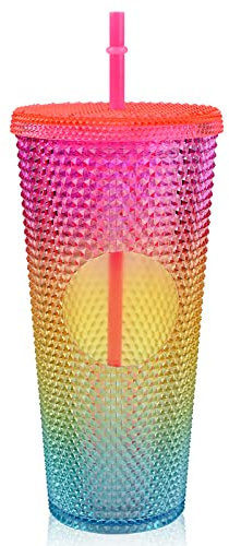 710ml Doppelwandiger Becher mit Nieten, Deckel und Strohhalm für Eiskaffee - BPA-frei Wiederverwendbarer Großer Smoothie Reisebecher für Kinder, Teenager, Erwachsene (Style H)