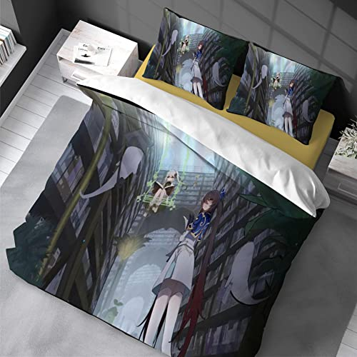 Bettwäsche Anime 3 Stück Niedlichen Bettwäsche Set mit Reißverschluss und 2 Kissen Weiche Flauschige Atmungsaktive Geeignet Für Otaku Und Anime-Fans (Genshin Impact HT8, 135x200cm+80×80cm×2)