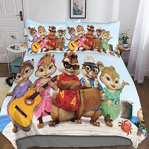 Alvin And The Chipmunks 3d Bettbezug Set Mit Kissenbezüge Bettlaken, Süße Spannbetttücher Bettbezüge ,Dekoration Bettwäsche Set Mit Kissen Sham Bettwäsche Cover Set 3 Stück,3d-Bettdeckenbezug Mit Rei
